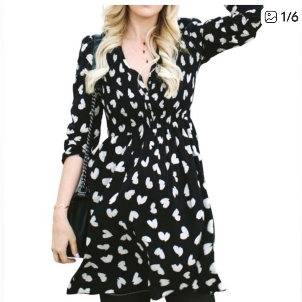 Anthropologie Maeve Banet Smocked Heart Ruched Dress Longsleeve Fit & Flare S - Picture 4 of 7